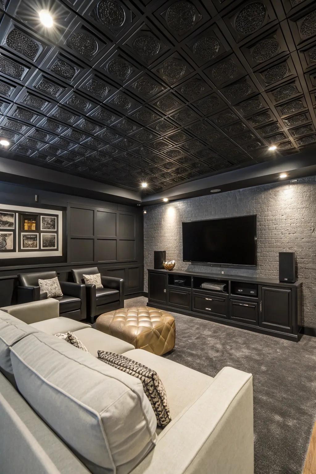 The fusion of dramatic elegance captured by black ceiling squares.