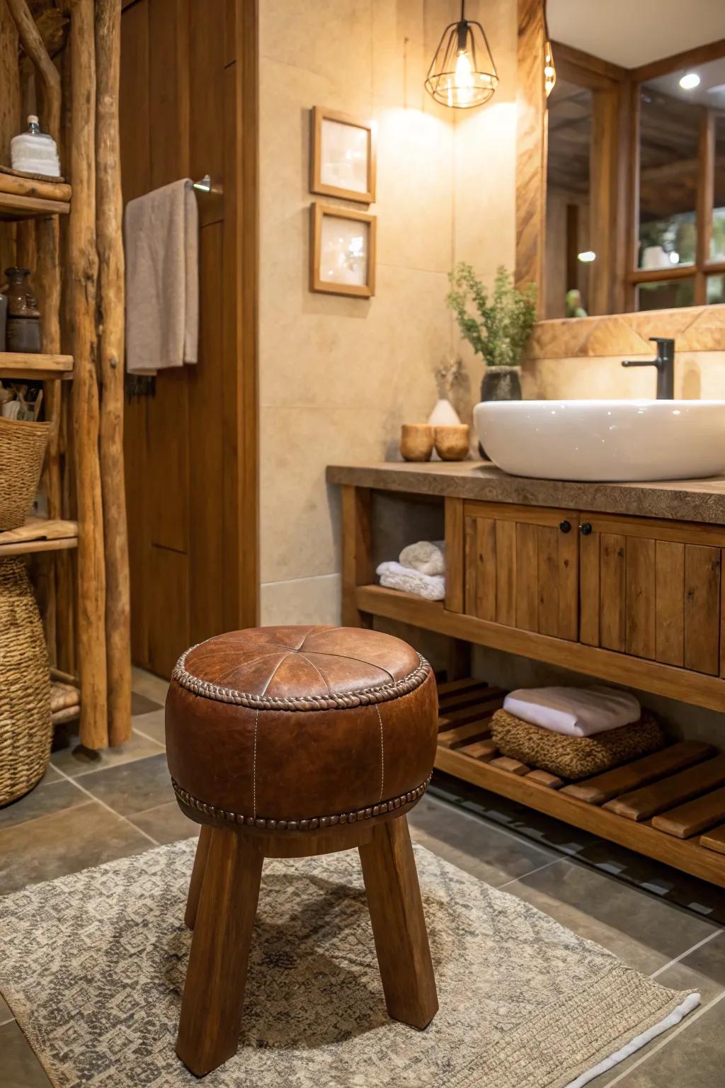Leather accents add warmth and texture to the earthy bathroom.