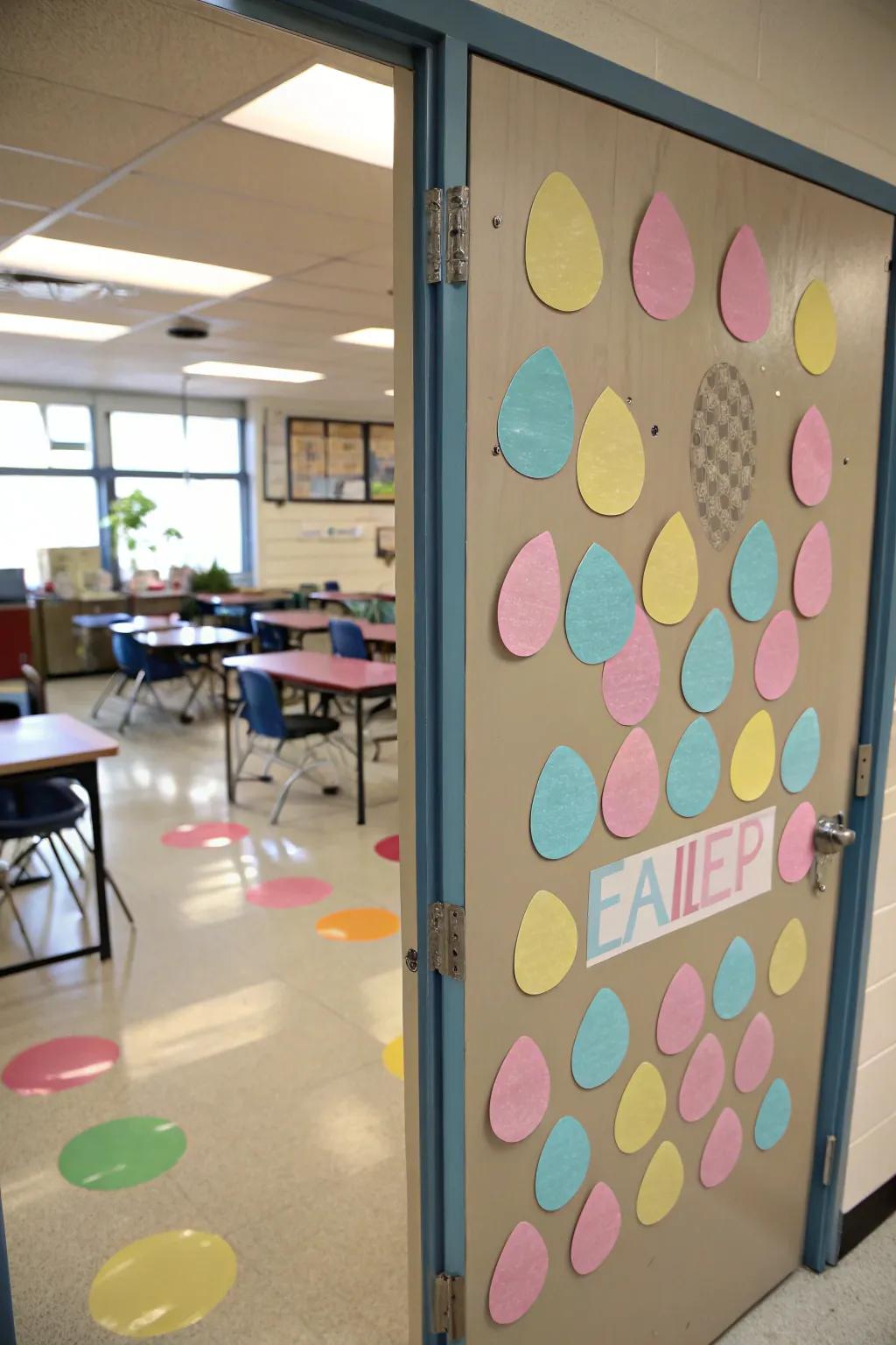 A pastel egg quest brings a spirited and festive touch to this classroom door.