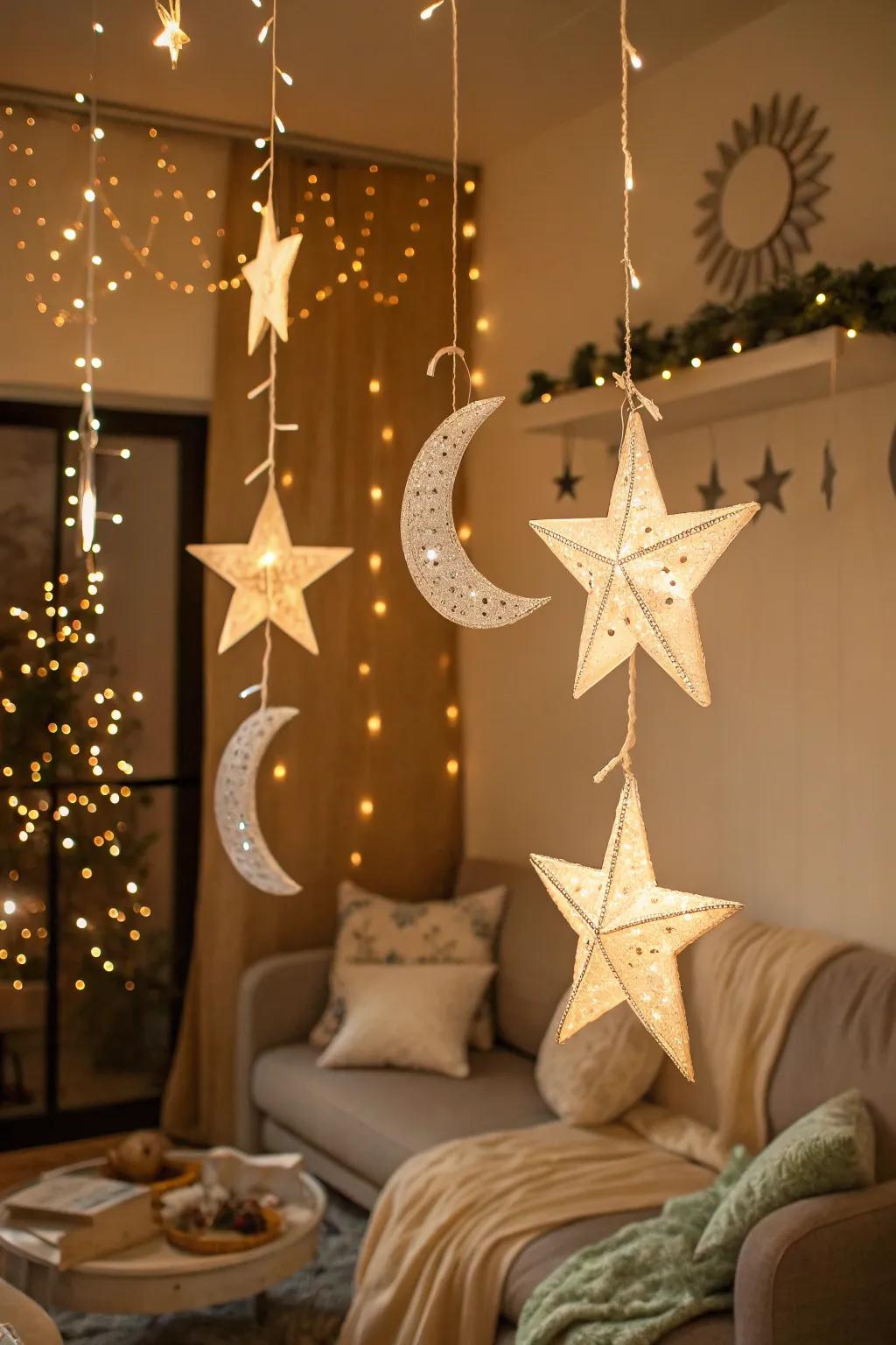 Add a whimsical touch with star and moon ornaments.