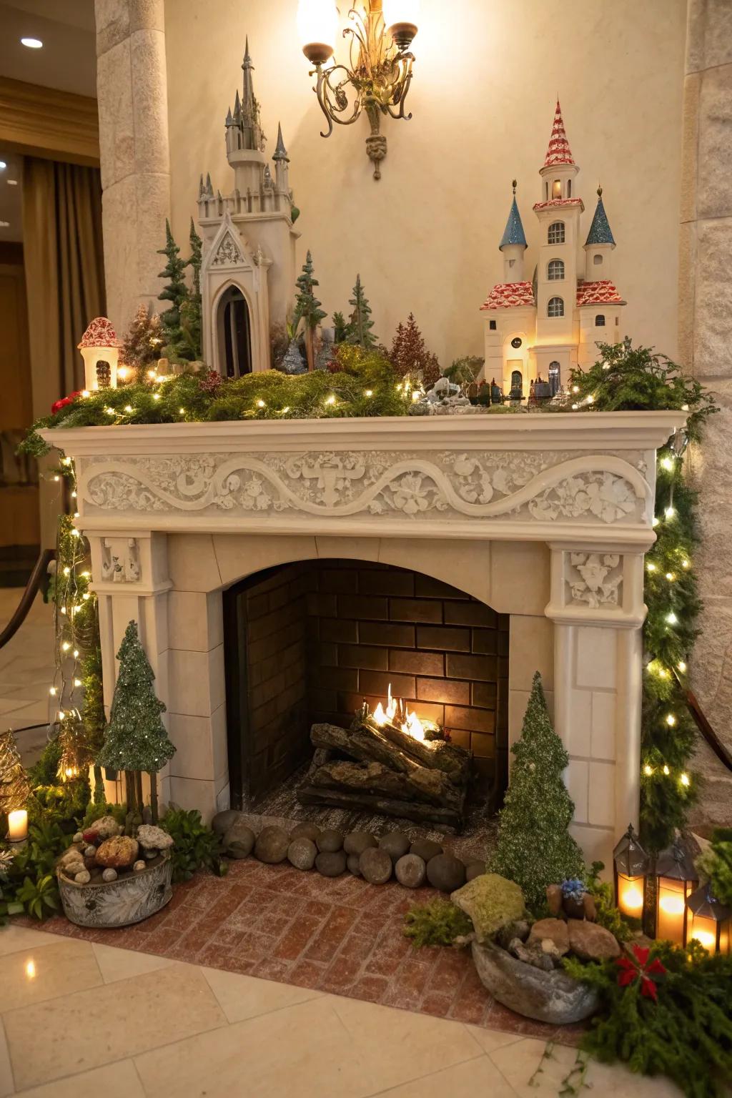 Incorporate whimsy through mythical design positioned inside your fireplace.