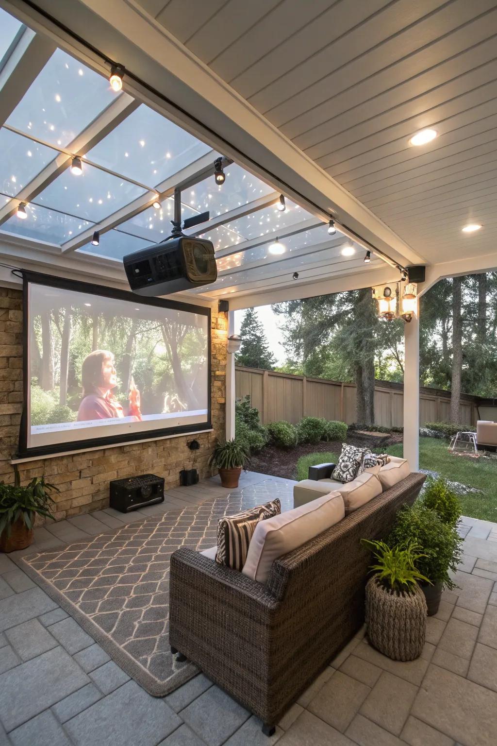 A patio entertainment area with a projector for immersive movie nights.