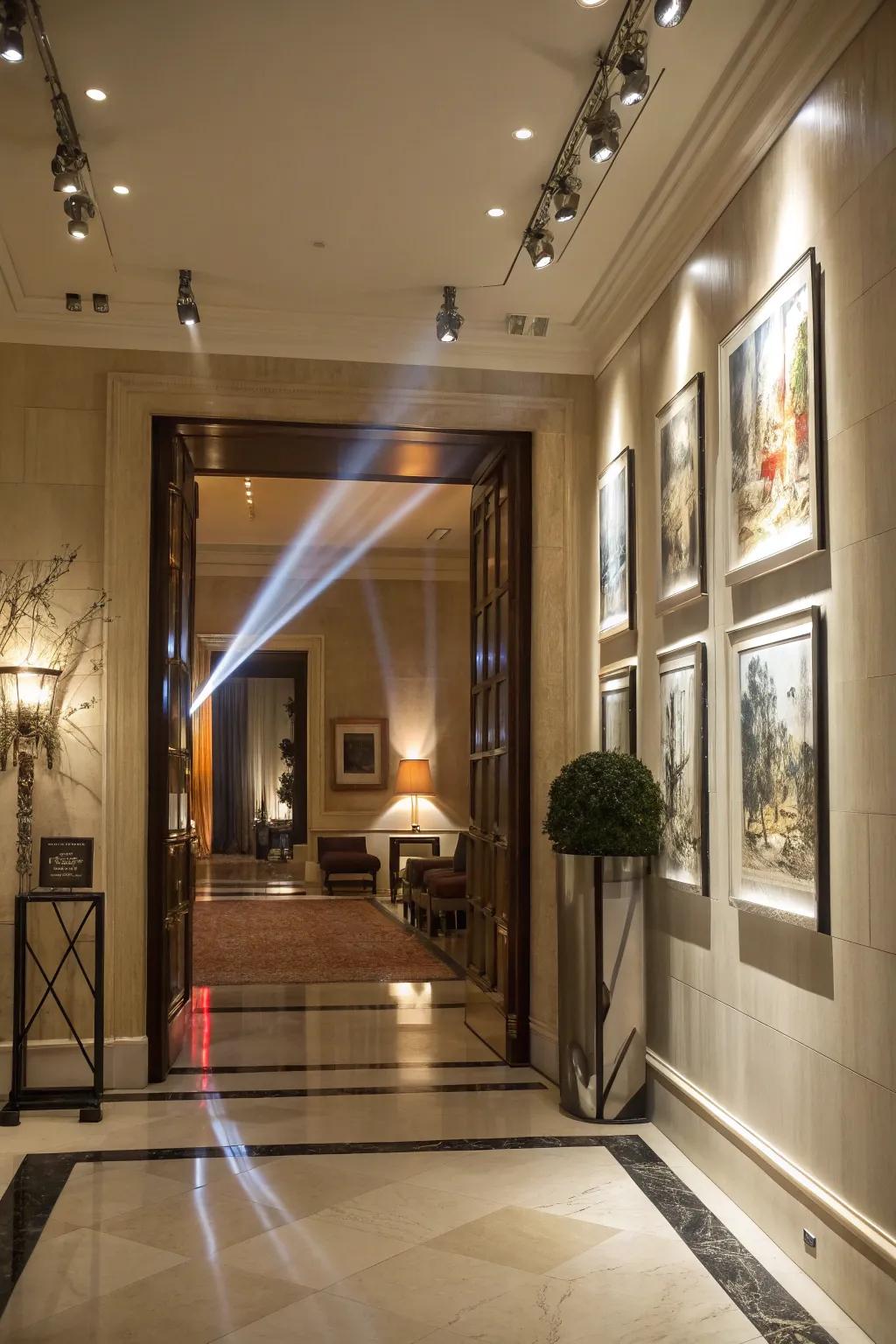 An entryway with spotlights that highlight artwork to create a vibrant and elegant touch.