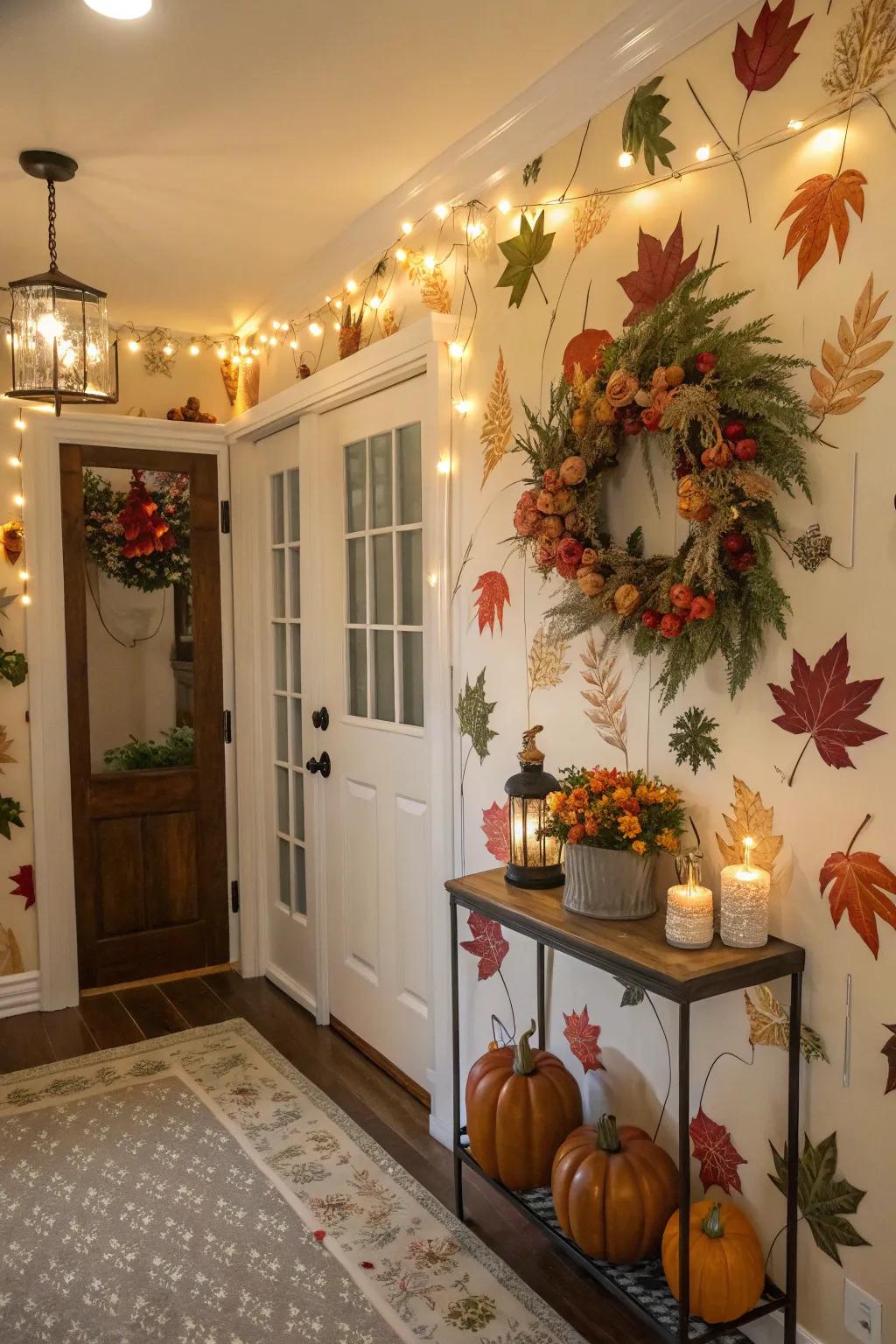 Versatile entryway with seasonal wallpaper for a fresh and dynamic look.