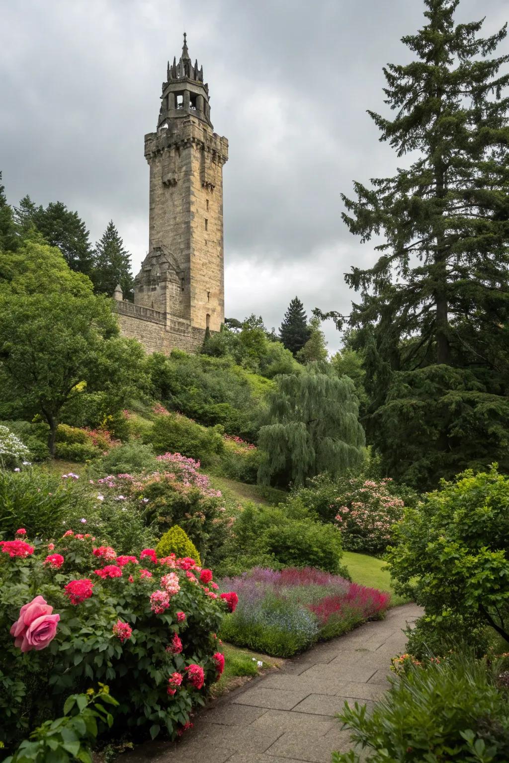 Stone towers enhancing gardens with grandeur and a hint of mystery.