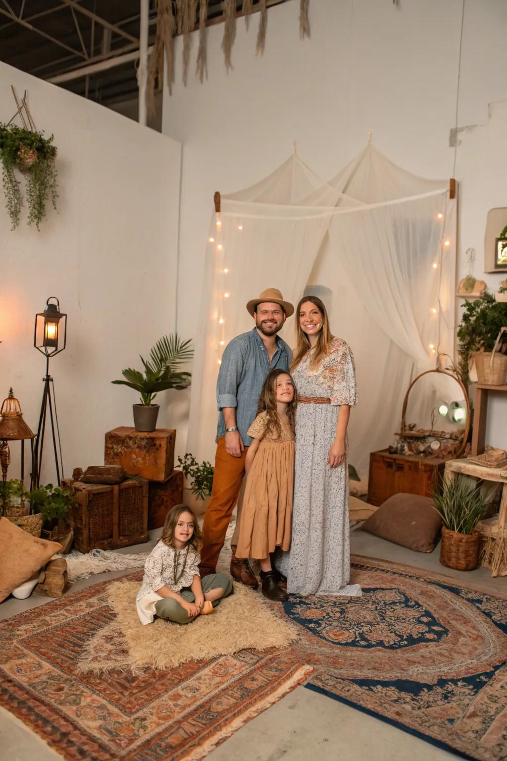 Bohemian fantasy settings infuse ingenuity to familial studio pictures.
