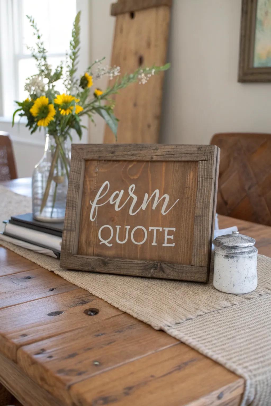 A timber placard with a farm excerpt introduces warmth and individuality.