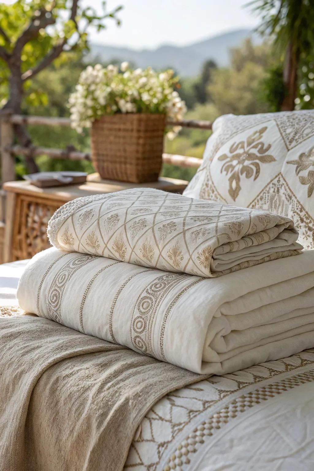 Linen fabrics provide elegance and texture.