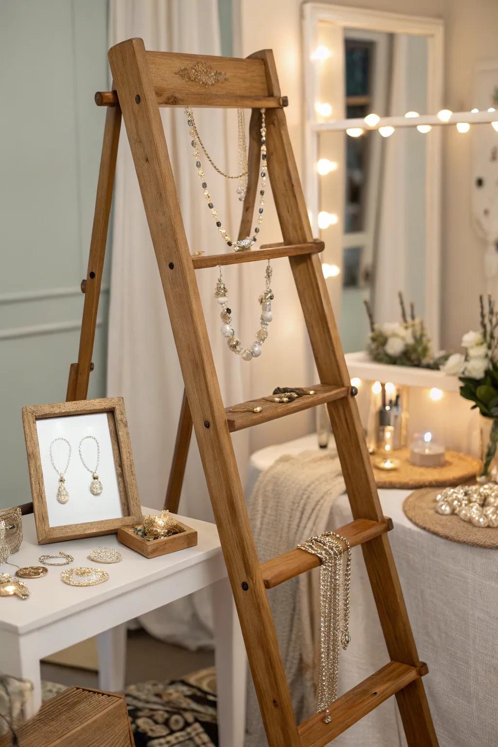 An elegant jewelry display utilizing a rustic ladder