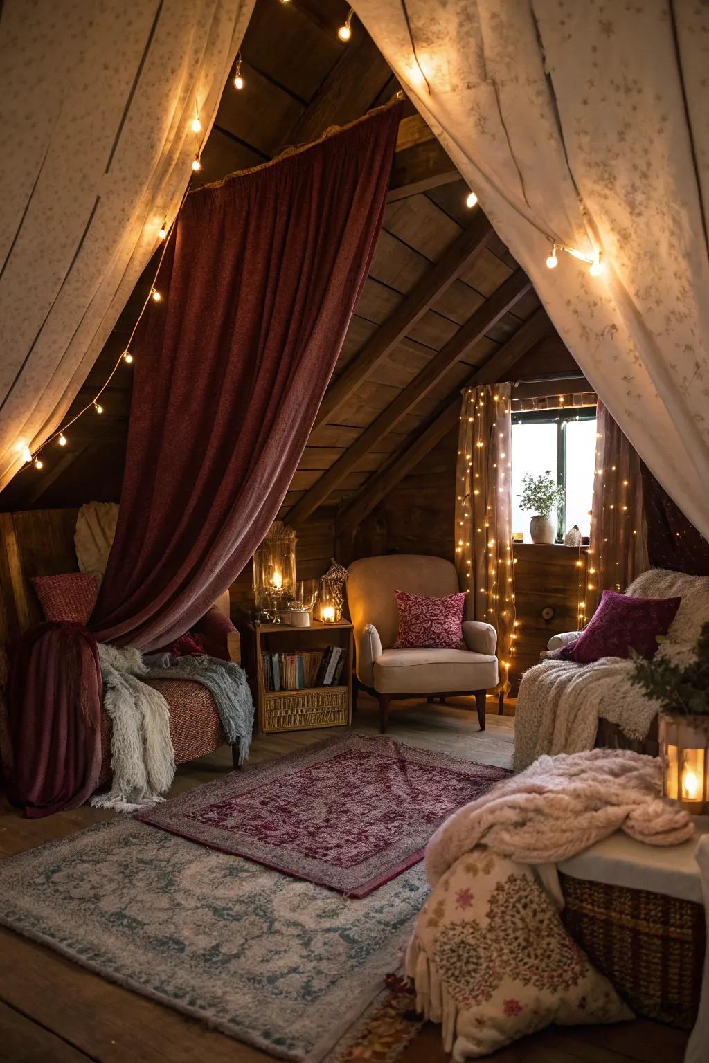 A romantic attic escape designed for intimate moments.