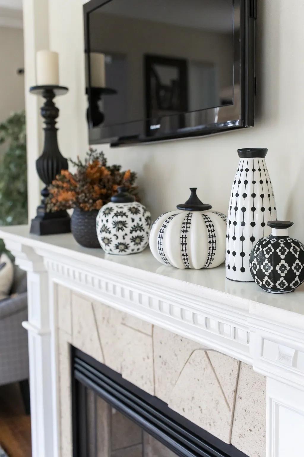 Monochrome palette creating a sleek and cohesive mantel