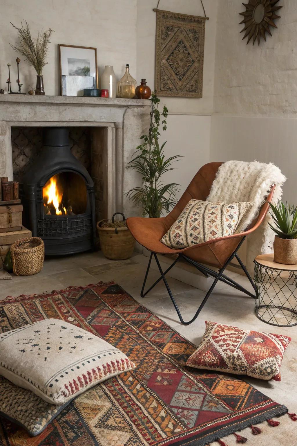 Unconventional decor elements make this fireplace distinctively inviting.