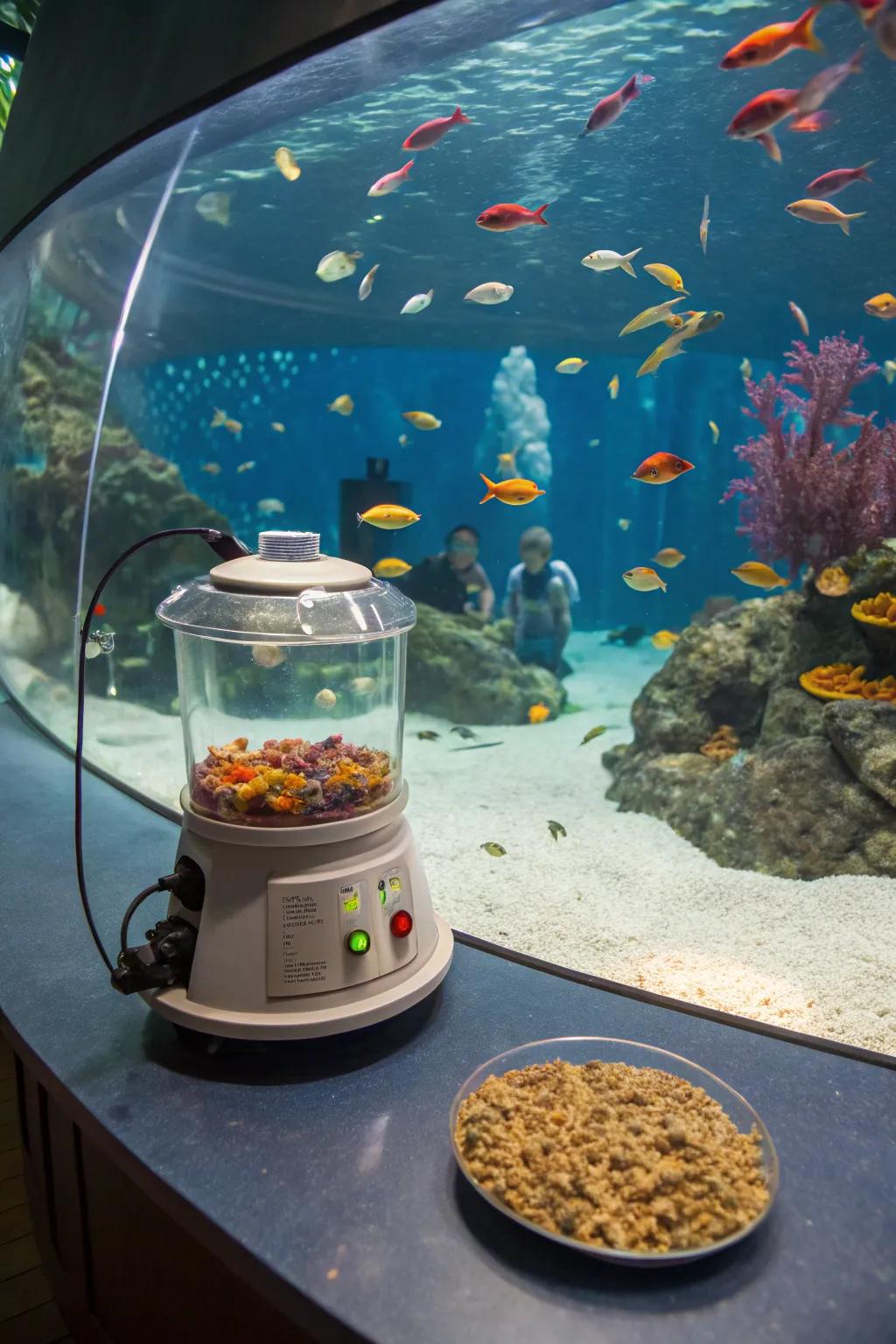 An aquarium presenting an interactive feeding zone