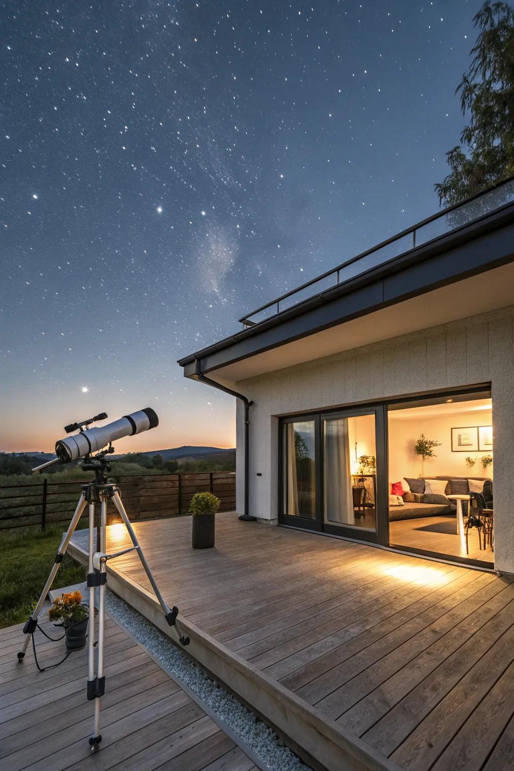 A rooftop star gazing deck on a flat roof garage gives a space trip.