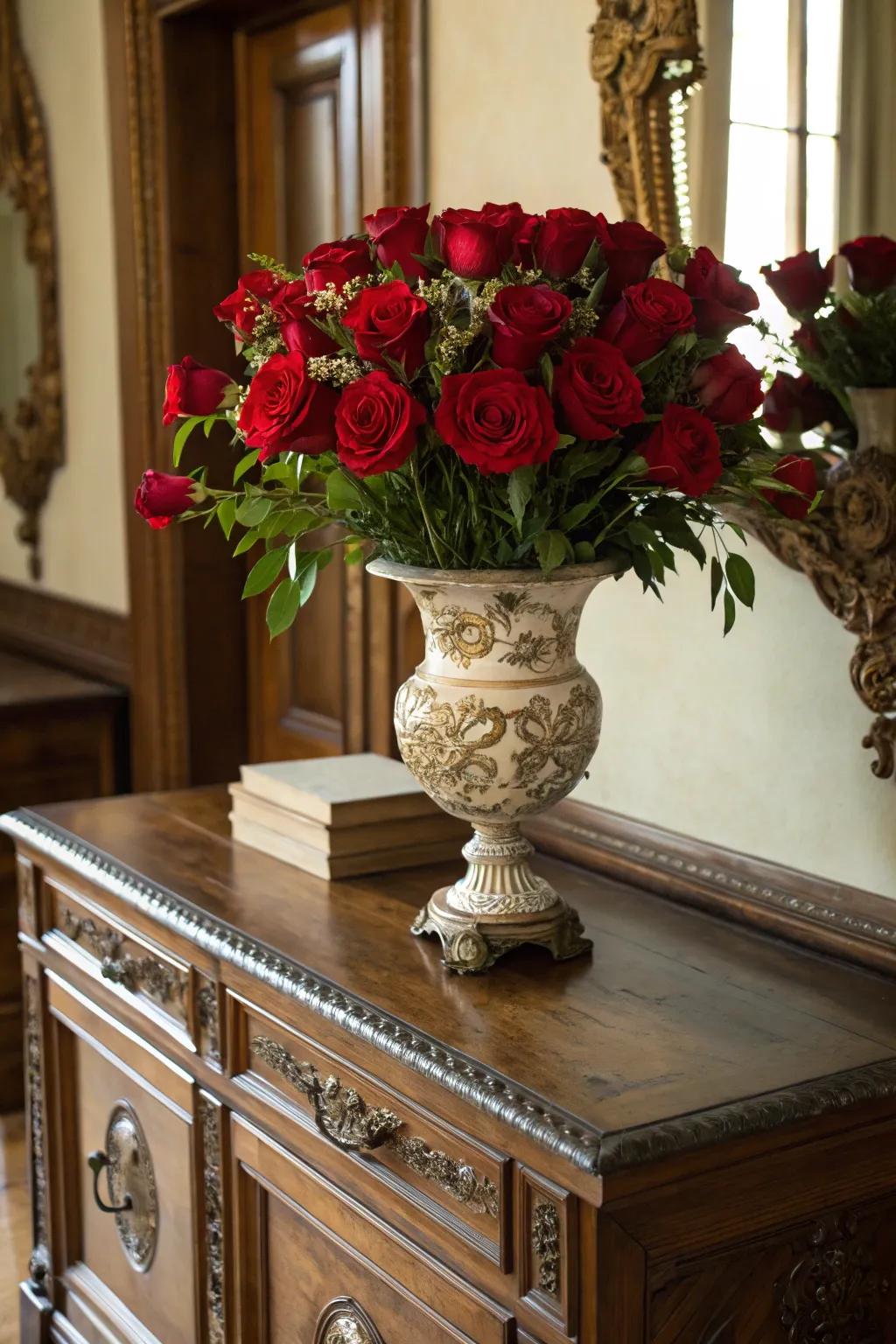 A timeless bouquet of red roses adding elegance to a vintage dresser.