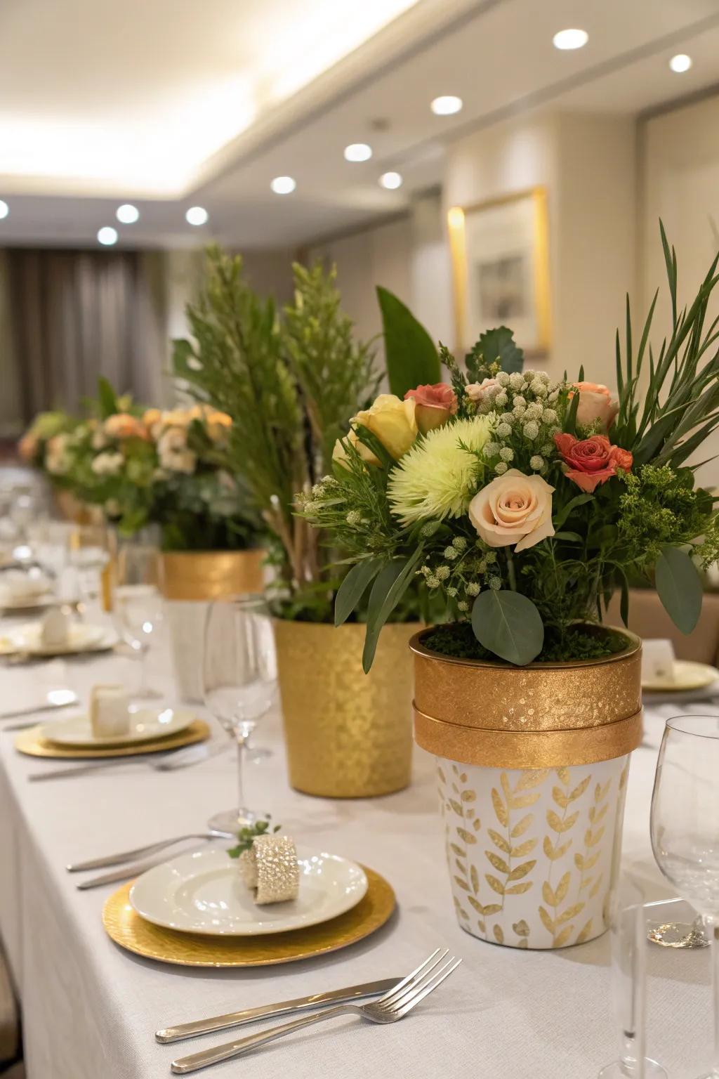 Add elegance using metal highlights on flower pots.
