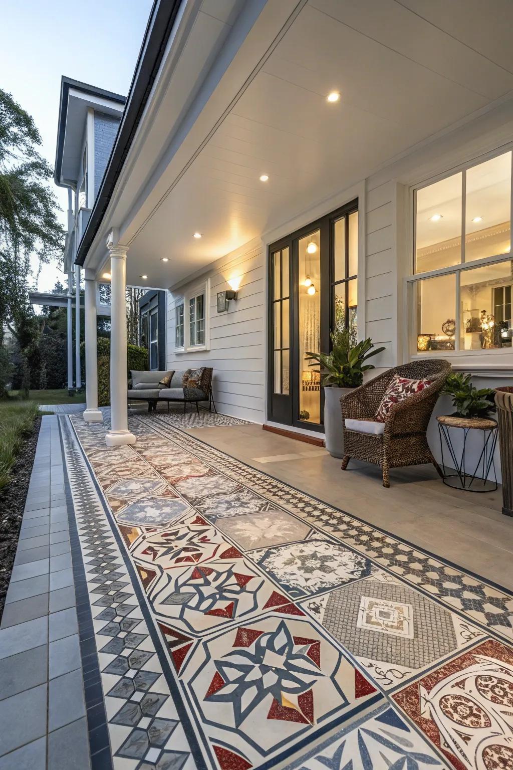 Shaped squares infuse a modern and dynamic impression to porch flooring.