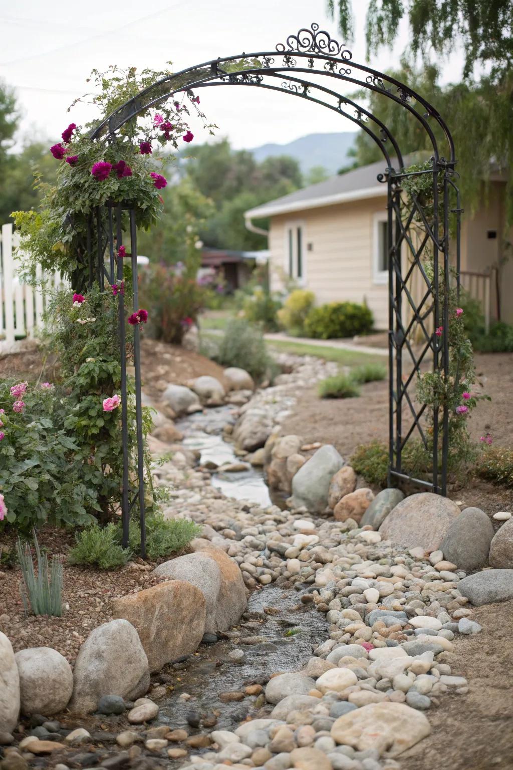 A decorative arch frames your dry creek bed exhibiting a cordial announcement.