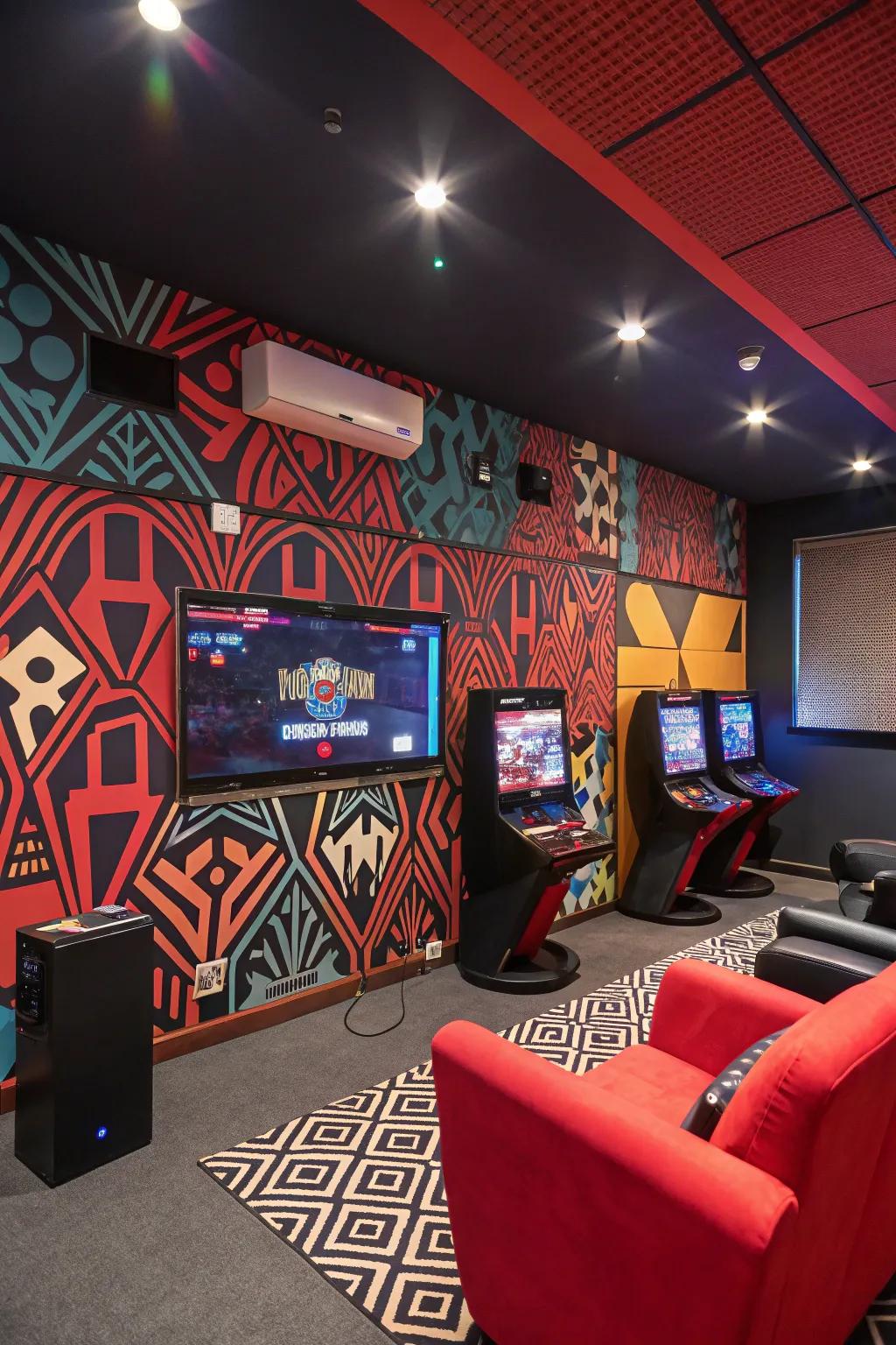 Audacious partition designs contribute visual intrigue and a vibrant atmosphere to the gaming refuge.