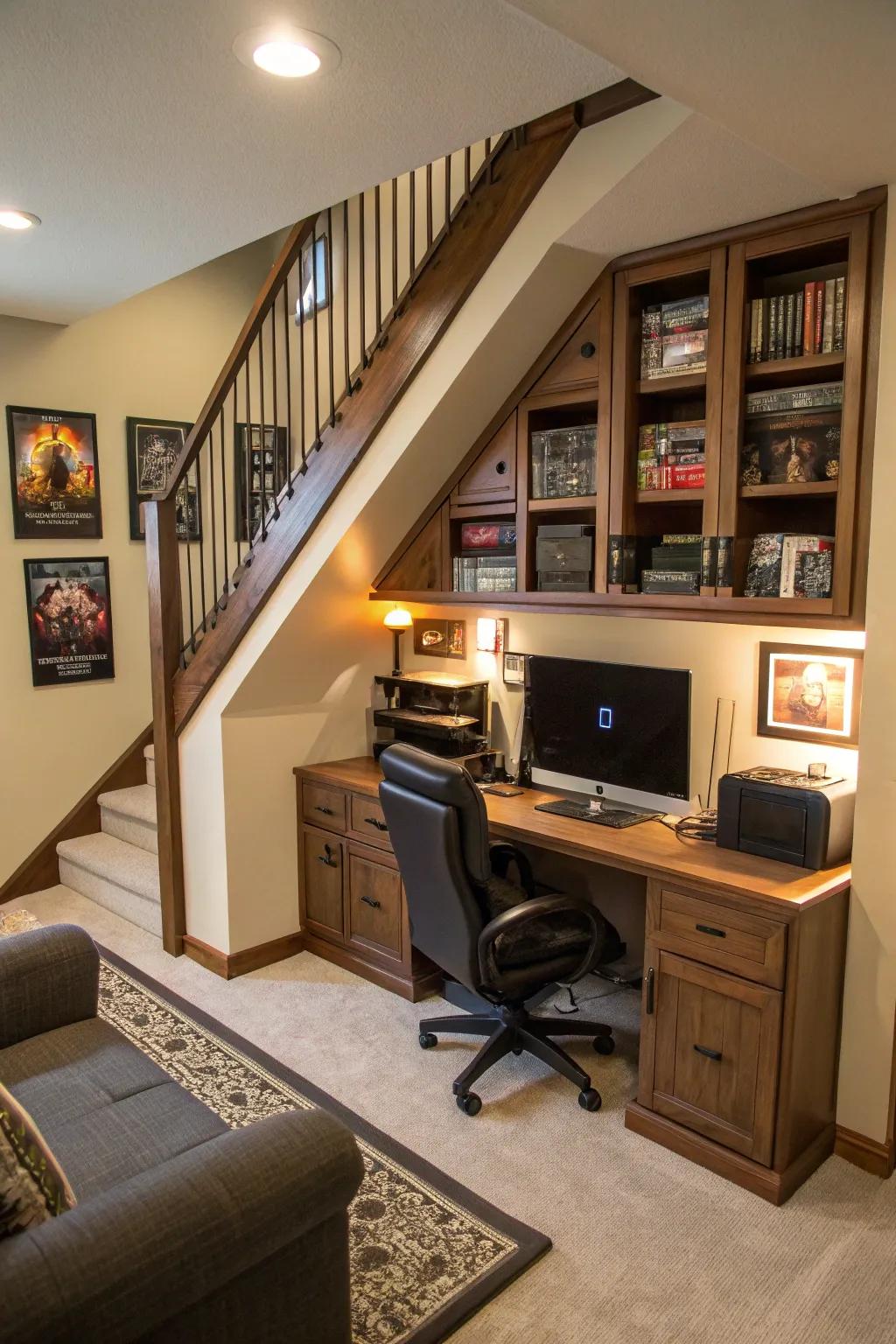 A gaming area positioned under stairs creatively maximizes compact spaces.