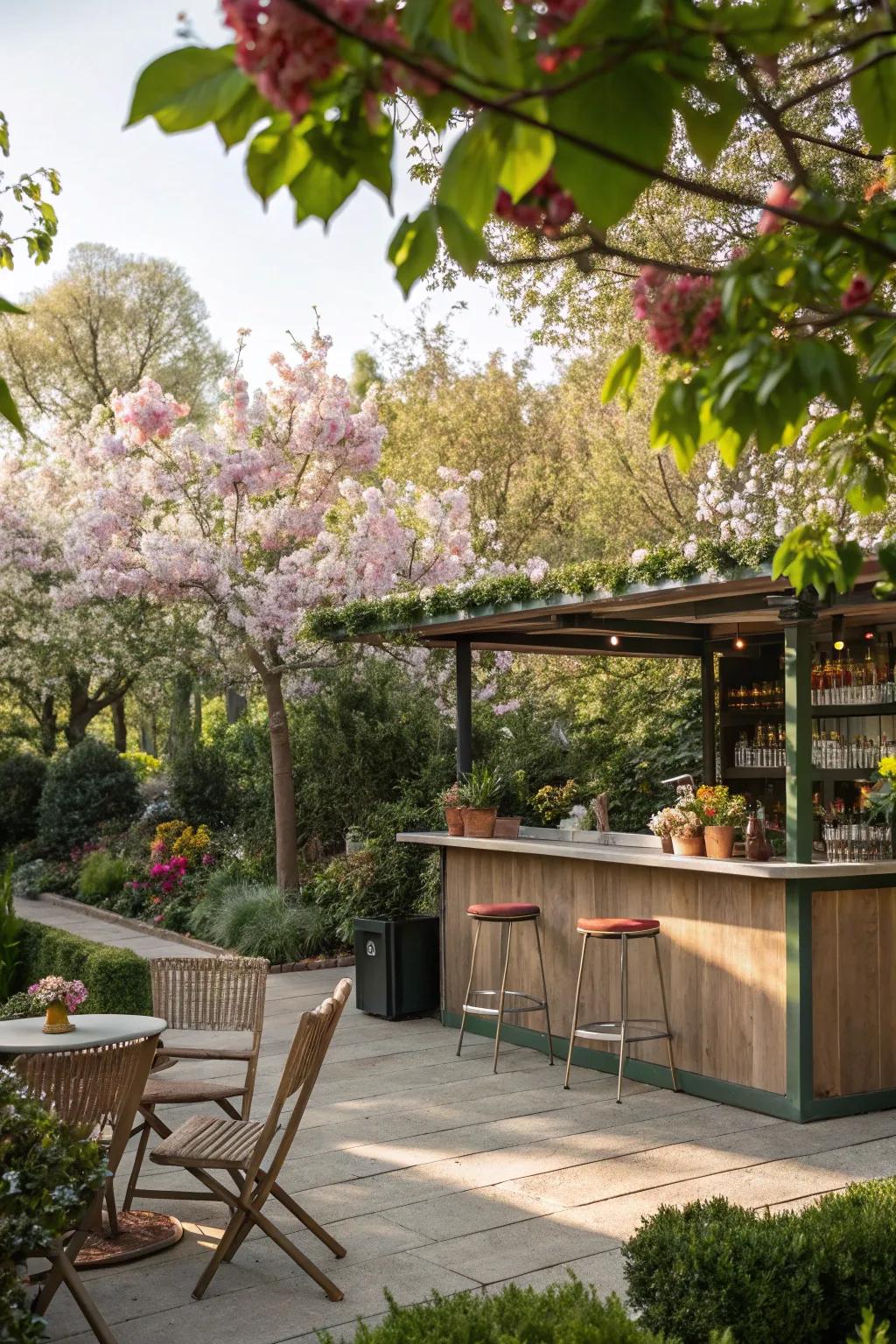 A garden bar with ever-changing seasonal decor.