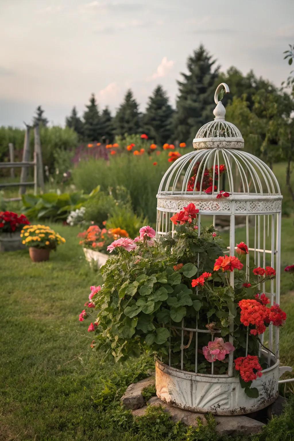 A whimsical cage repurposed as a unique bed for vibrant geraniums.