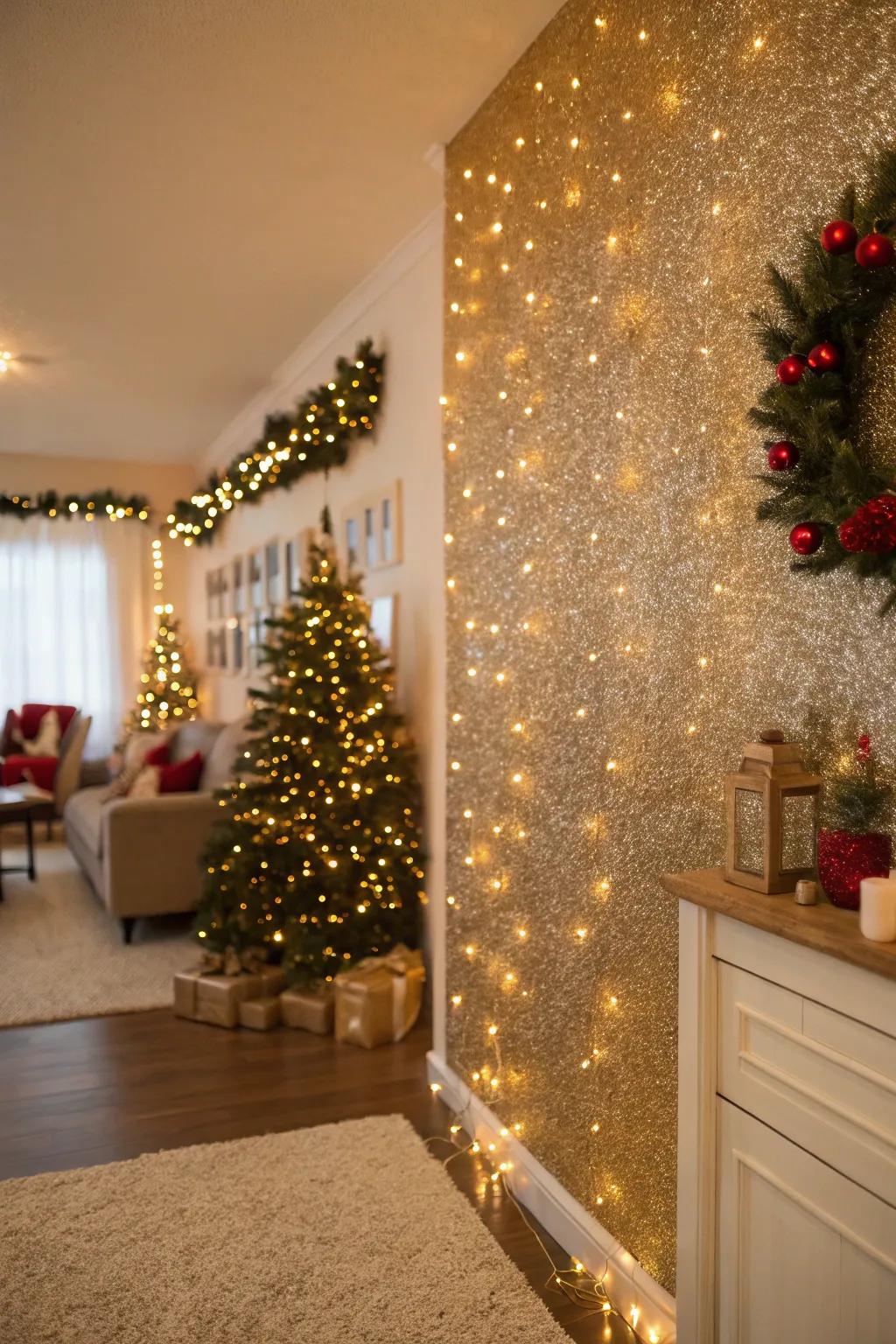 A glitter accent wall infuses festive shimmer into decor.