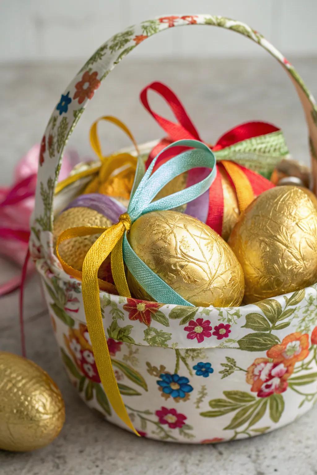 Gilded eggs adorned with band wrappings impart a celebratory ambiance to Easter.
