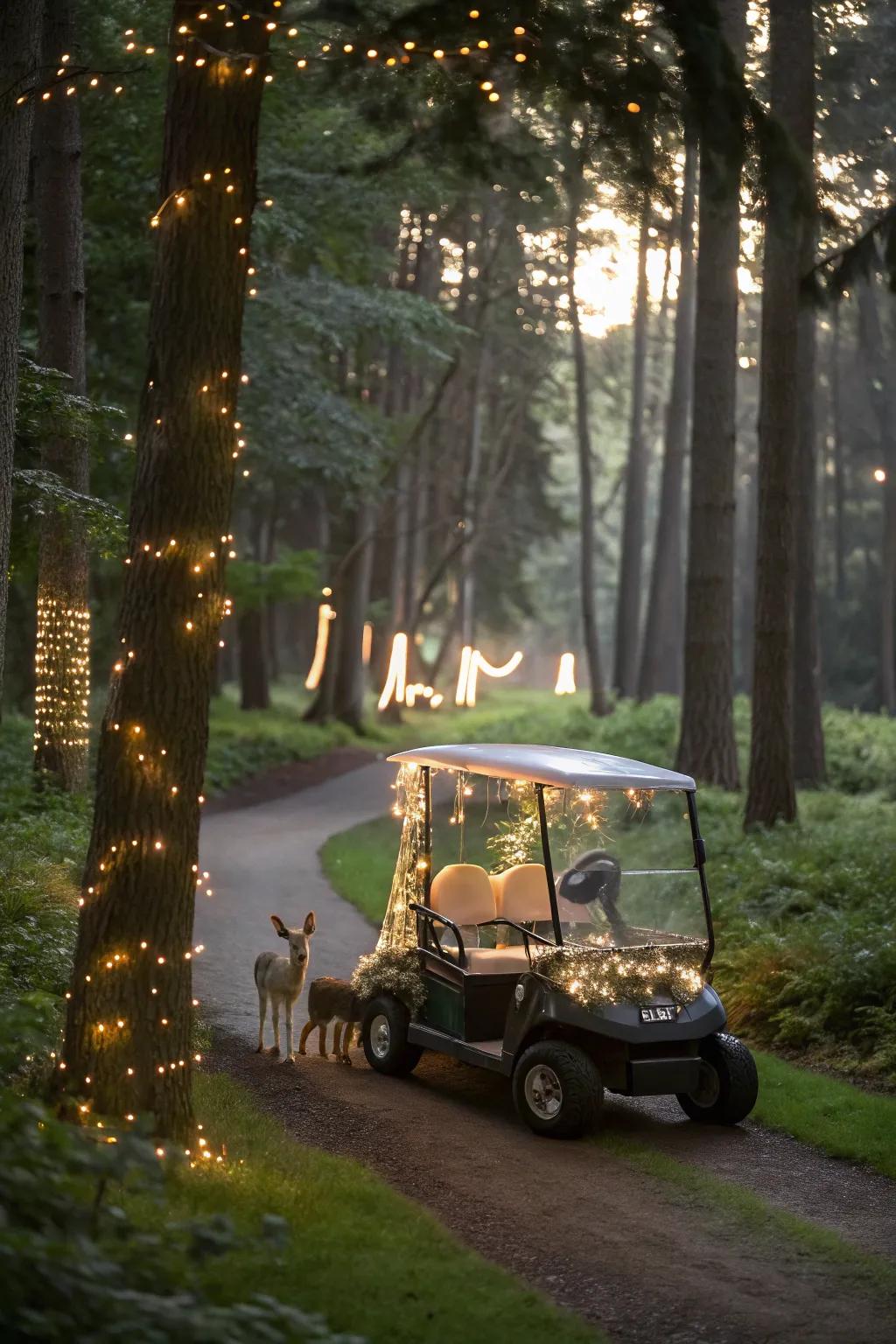 Create an enchanted forest on wheels with magical decorations.