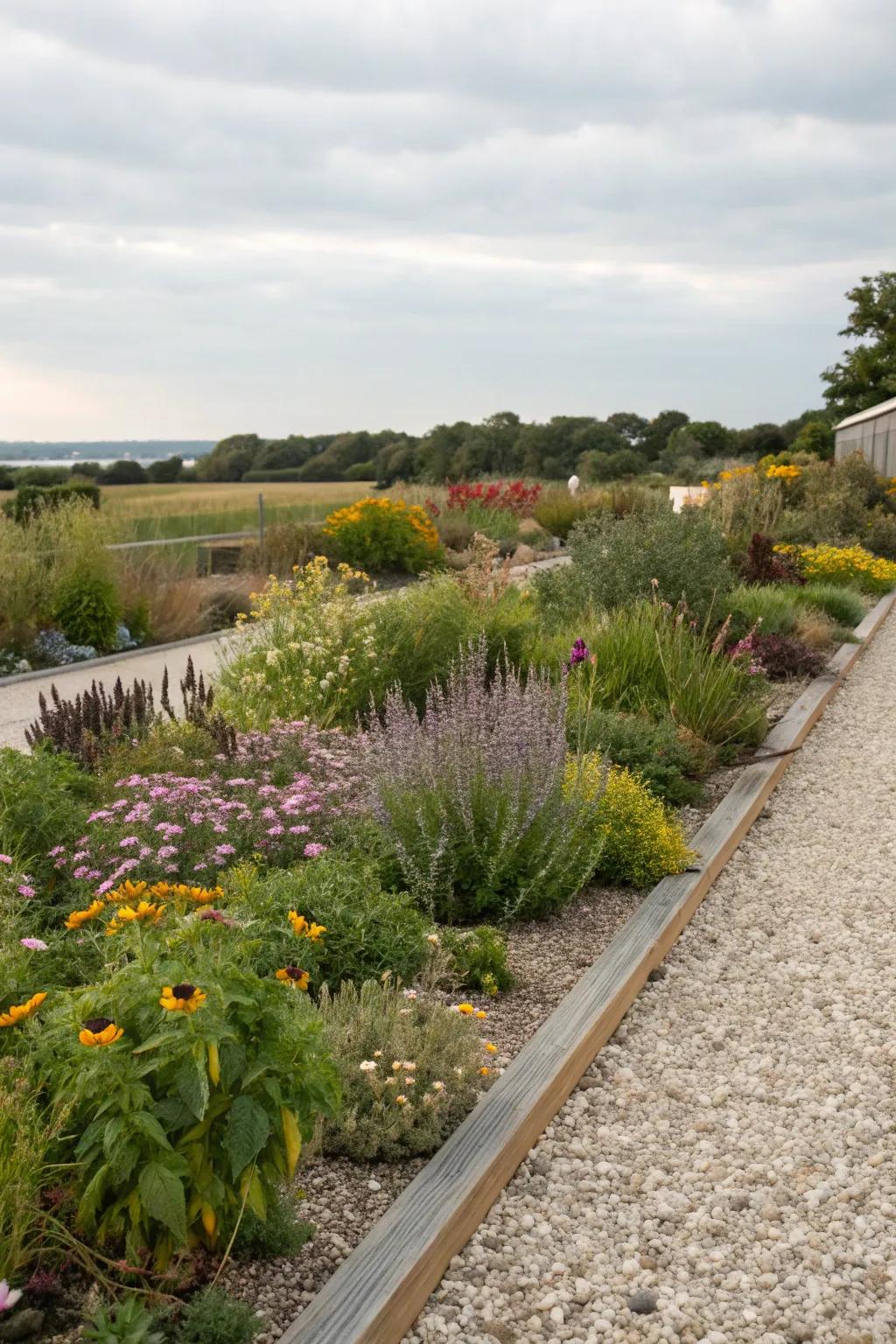 A sustainable gravel flower bed showcasing native plants