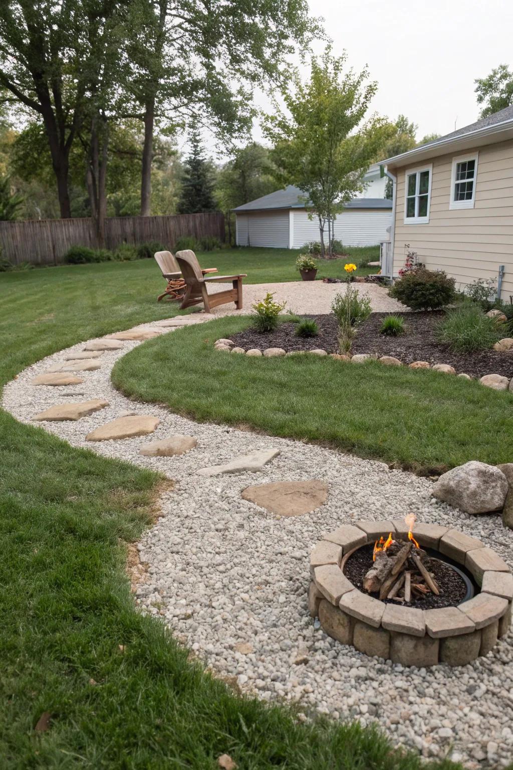 A rock zone around a campfire invites comfortable gatherings.
