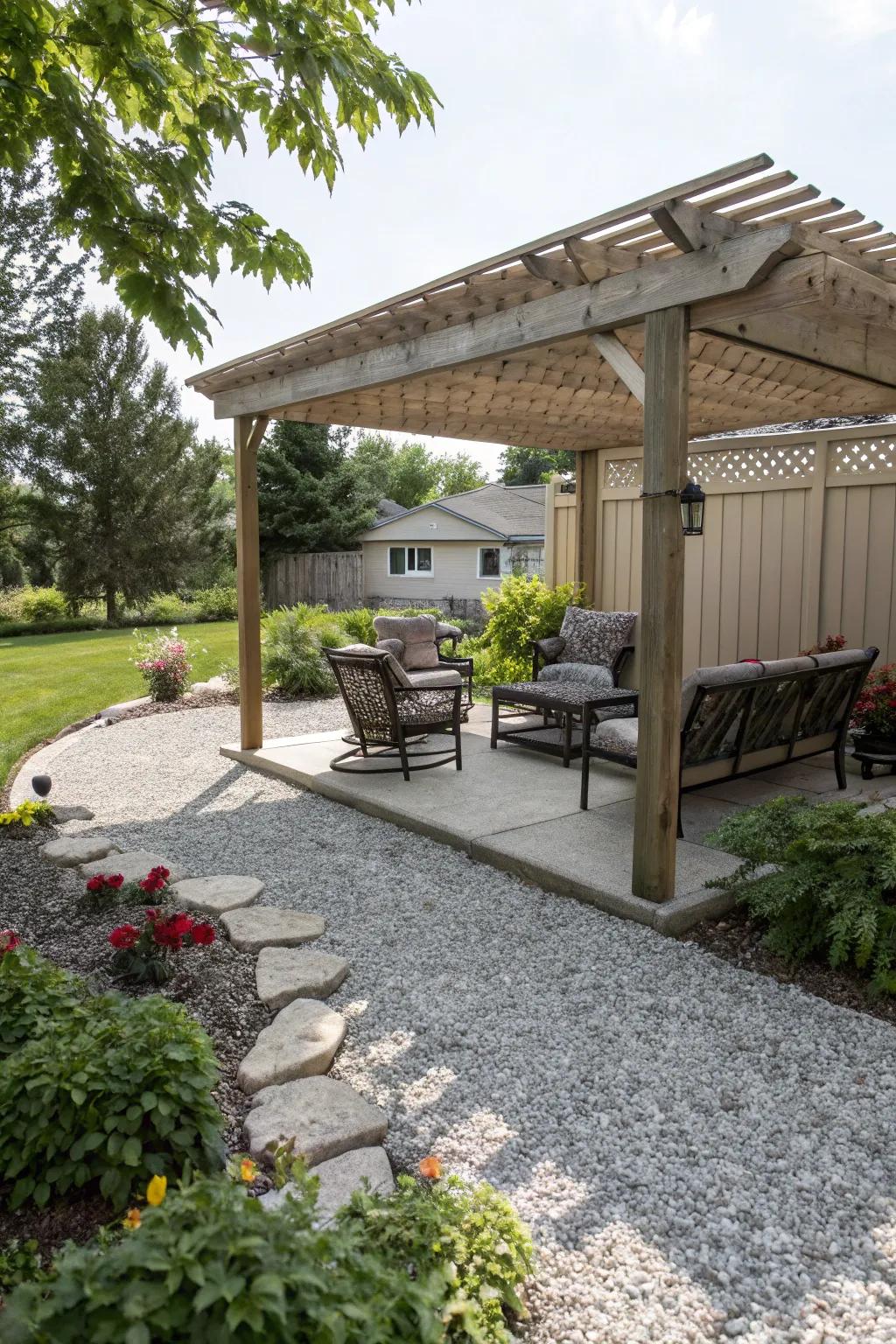A charming pergola providing shade over a chippings patio.