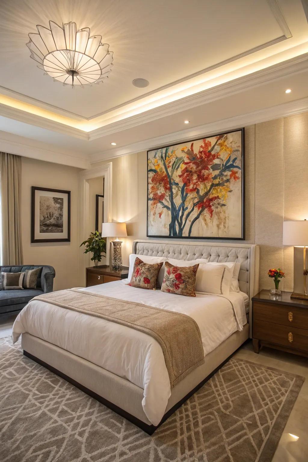 Dramatic artwork serves as an expressive centerpiece.