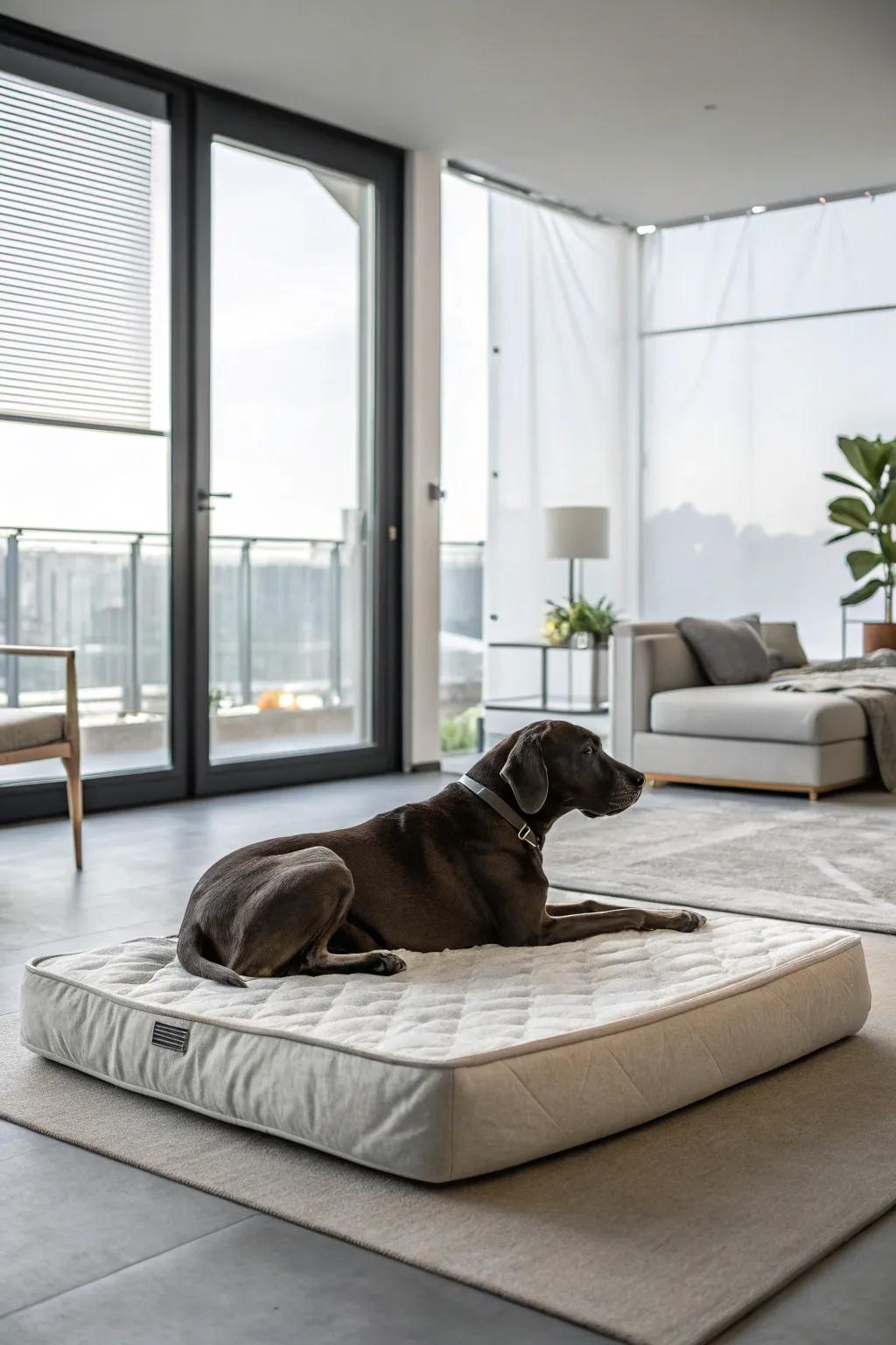 Minimalist mattresses offer sleek comfort for your Great Dane, perfectly fitting a modern home's aesthetic.