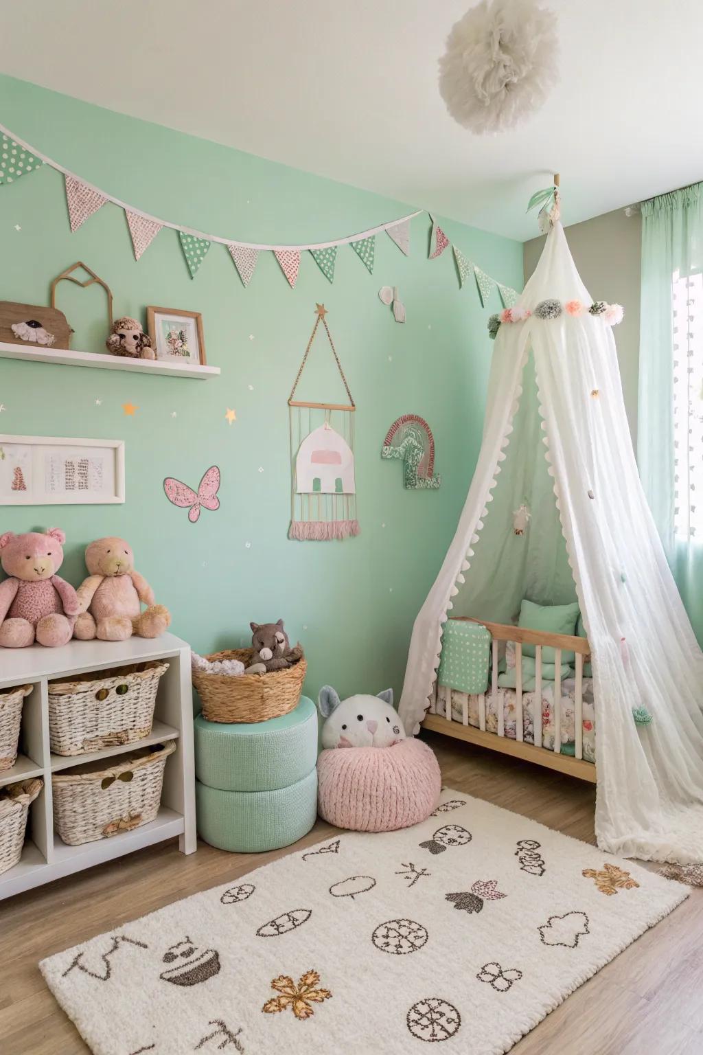 Soft pastel green walls introduce whimsy to this charming nursery.
