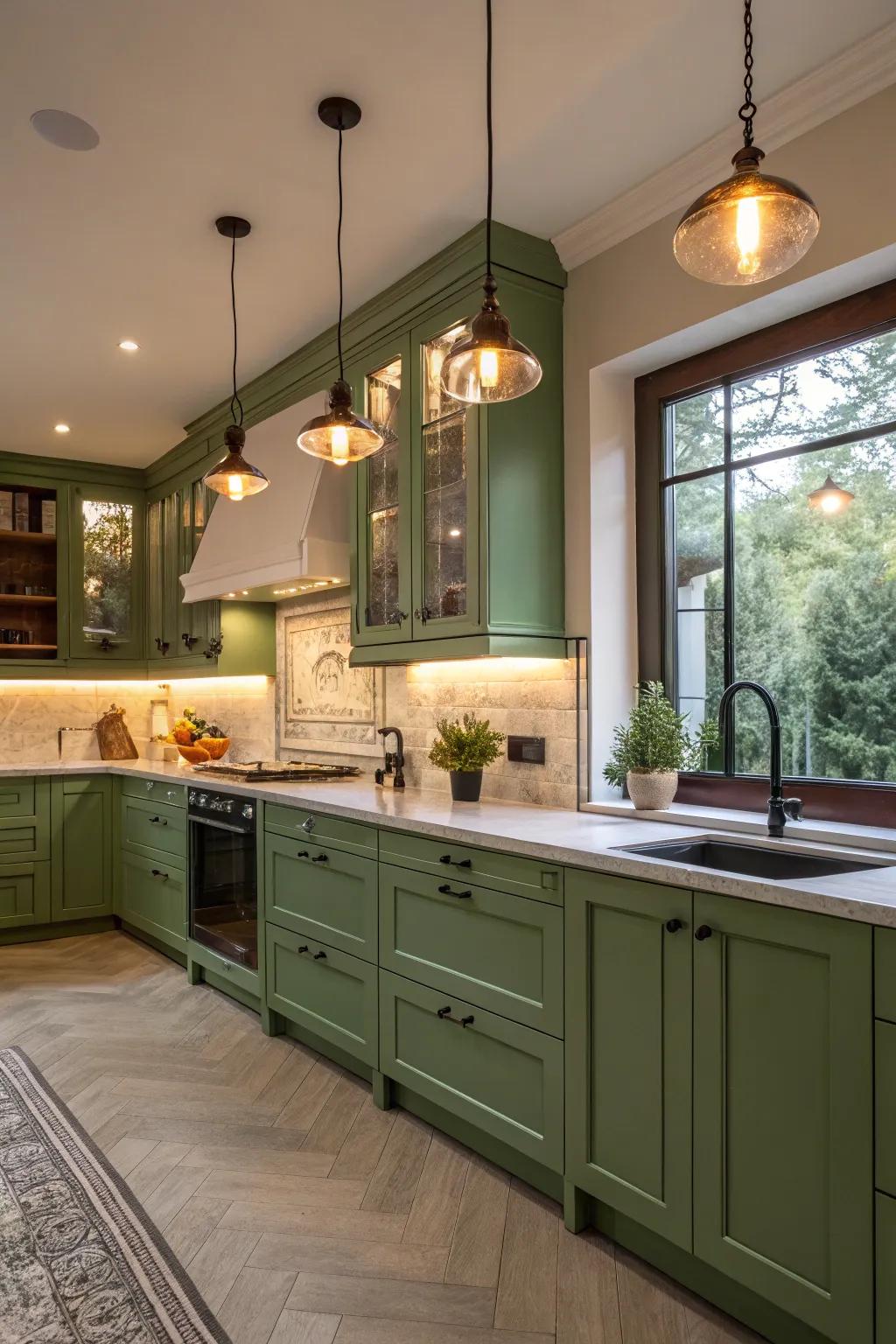 Elegant kitchen featuring green cabinets enhanced by strategic illumination.