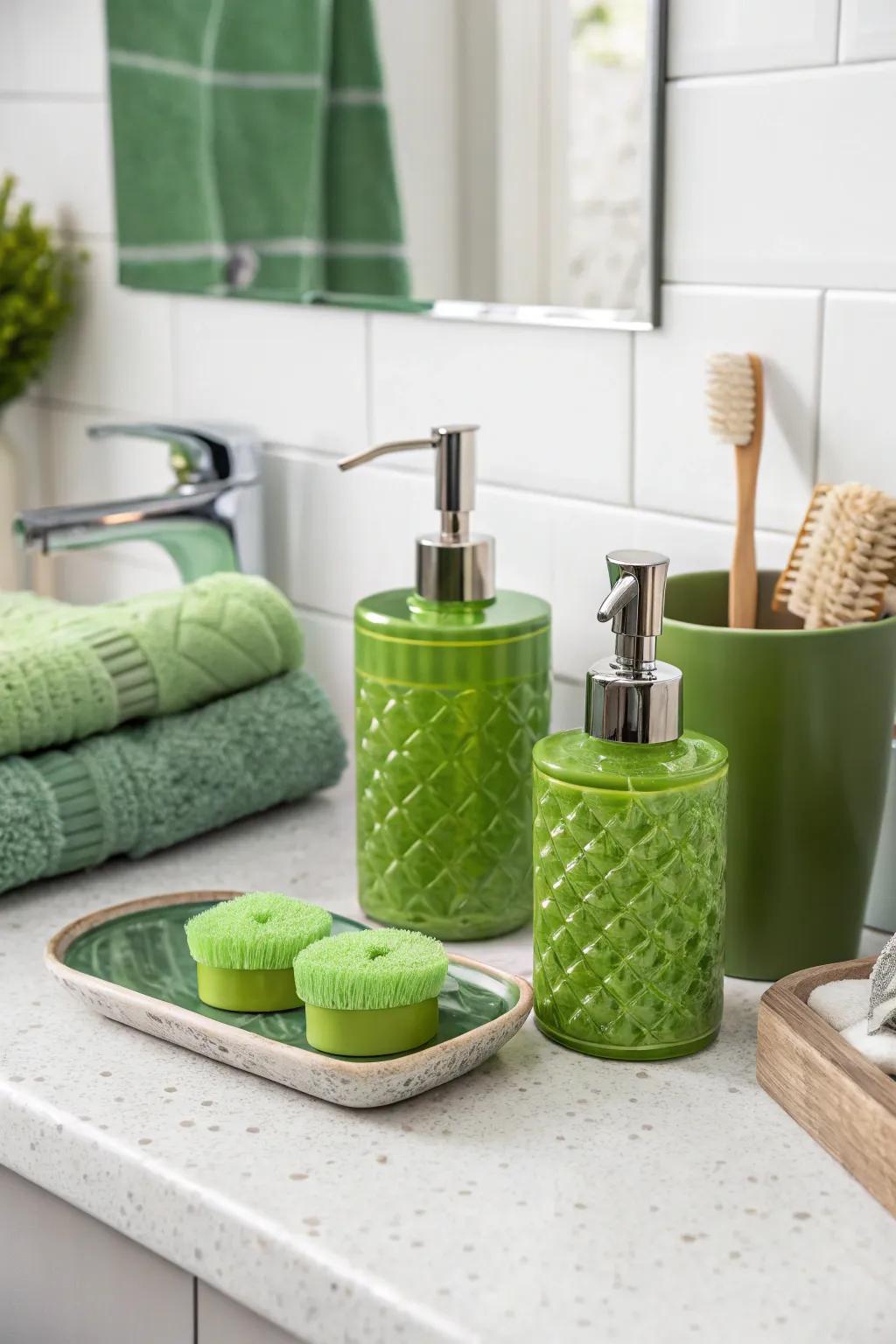 Chic bathroom fixtures with emerald coloring.