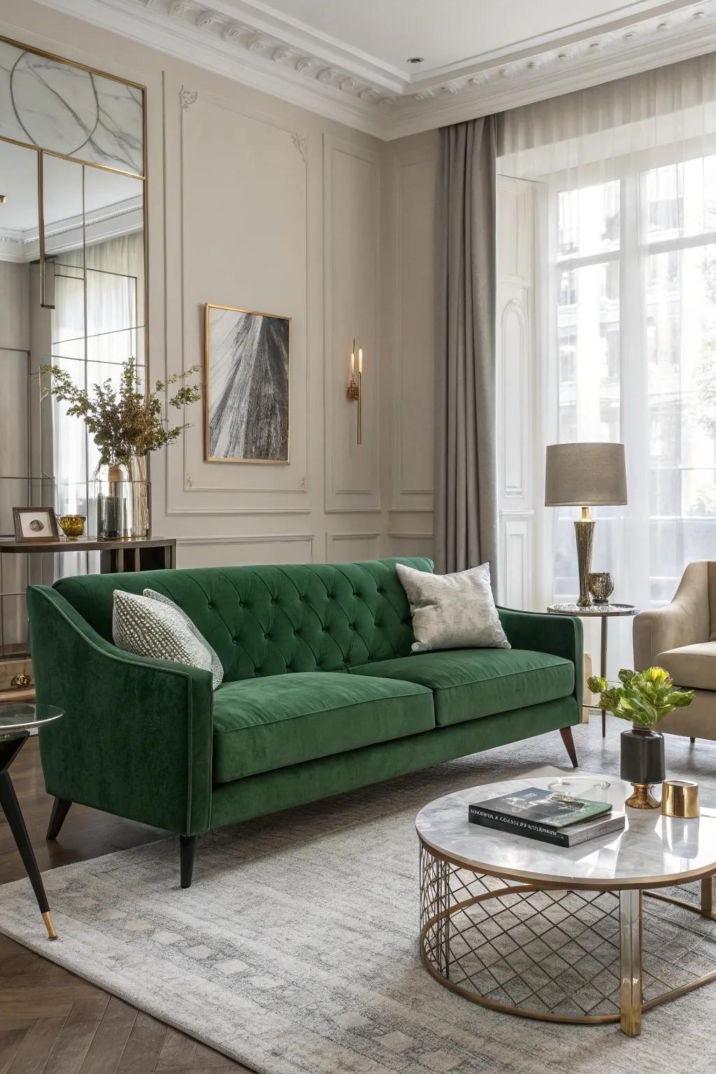 A chic living space exhibiting an emerald plush sofa and modern styling.