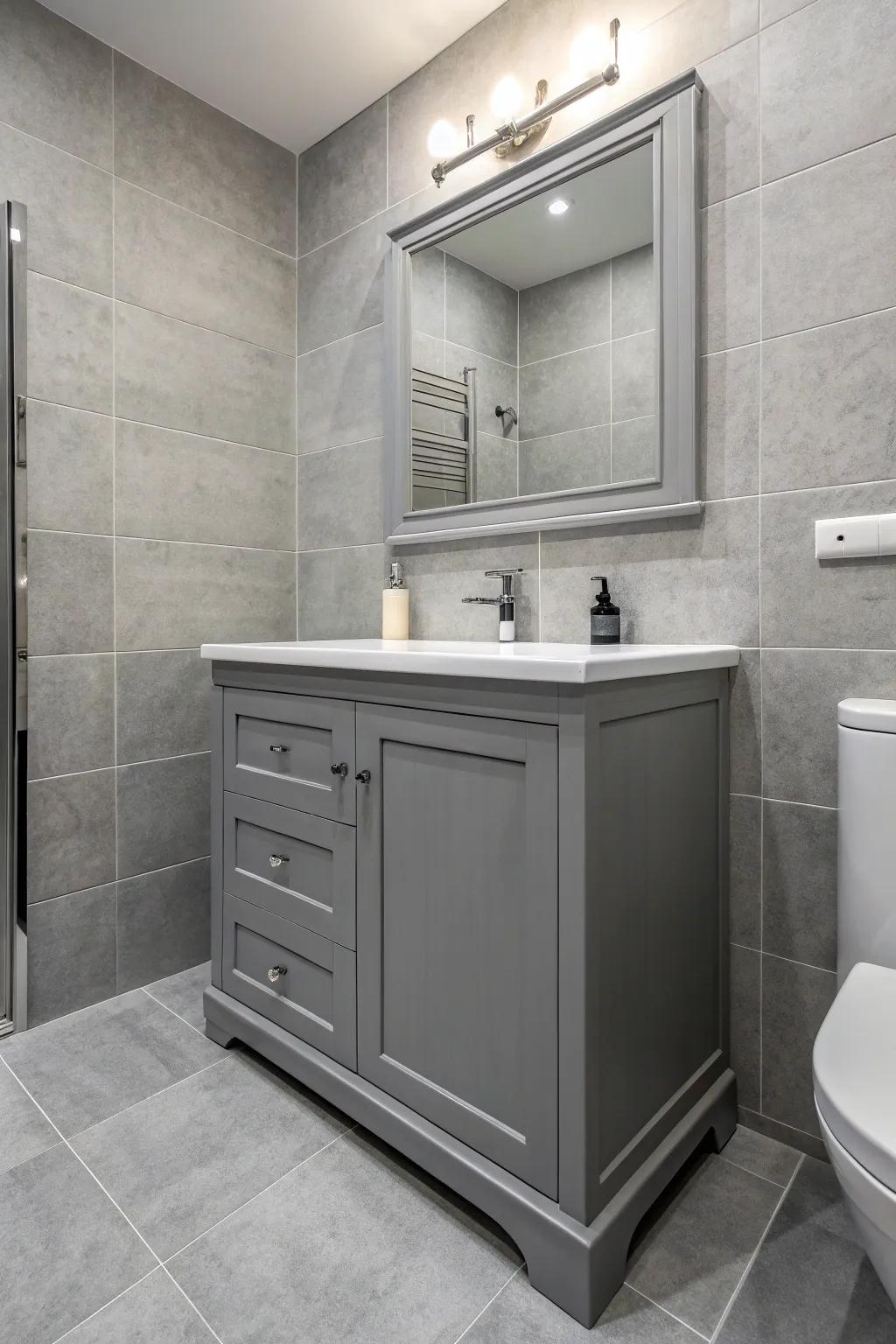 A grey vanity unit adds style and functionality to the bathroom.