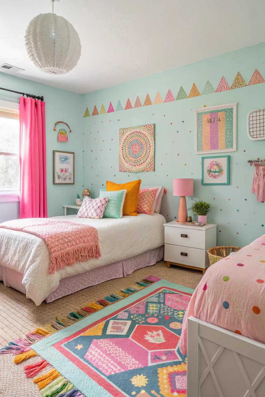A playful guest room with inviting pastel combinations.
