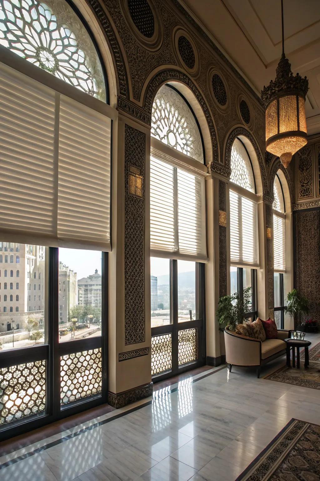 A chic room with arched windows and half window coverings.