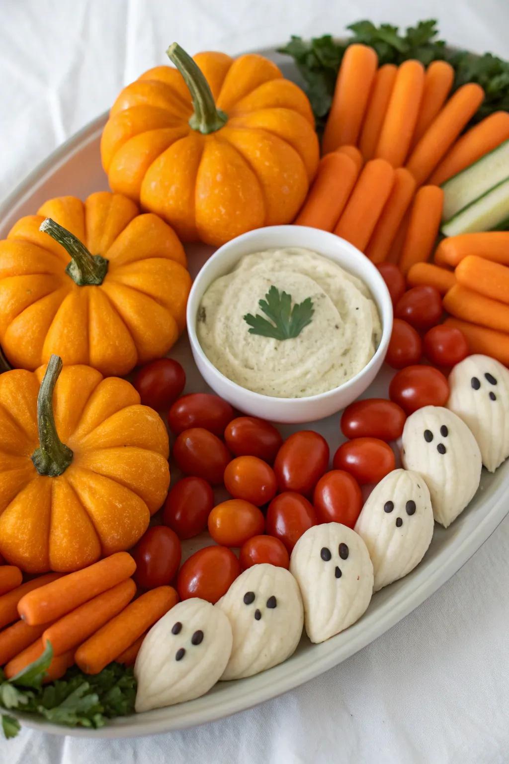 A creepy crawly veggie tray offers a healthy, festive snack.