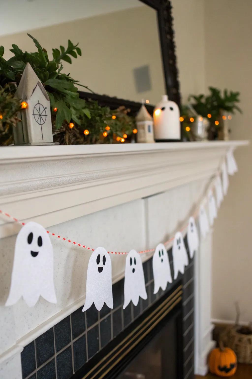 A garland of ghosts adds whimsical spookiness to the decor