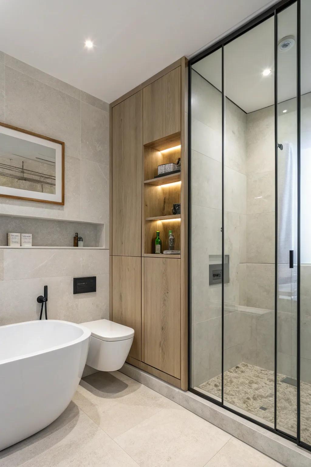A minimalist construction concealing a cabinet seamlessly alongside the wall.