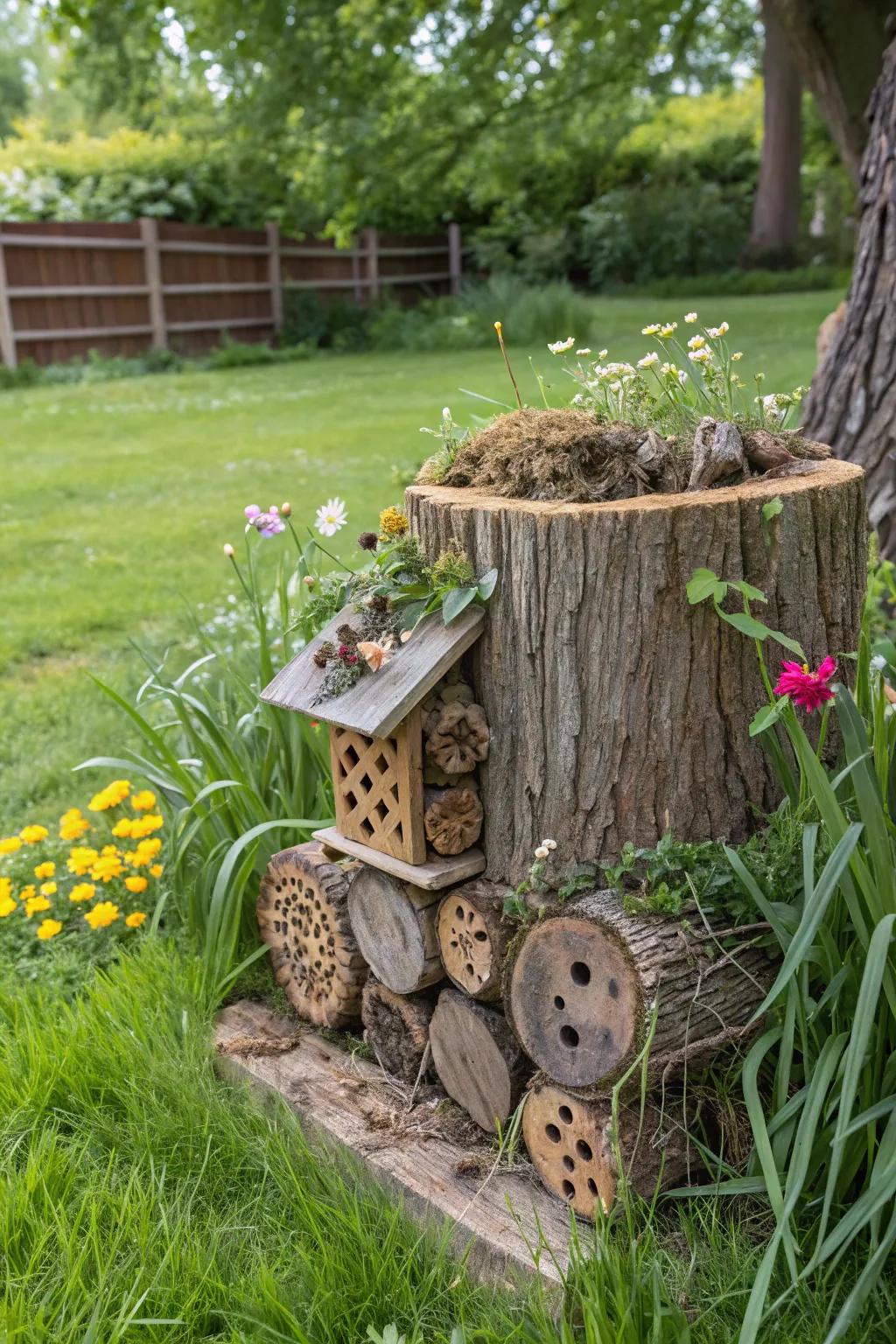 An insect hotel made from a tree stump supports garden biodiversity.