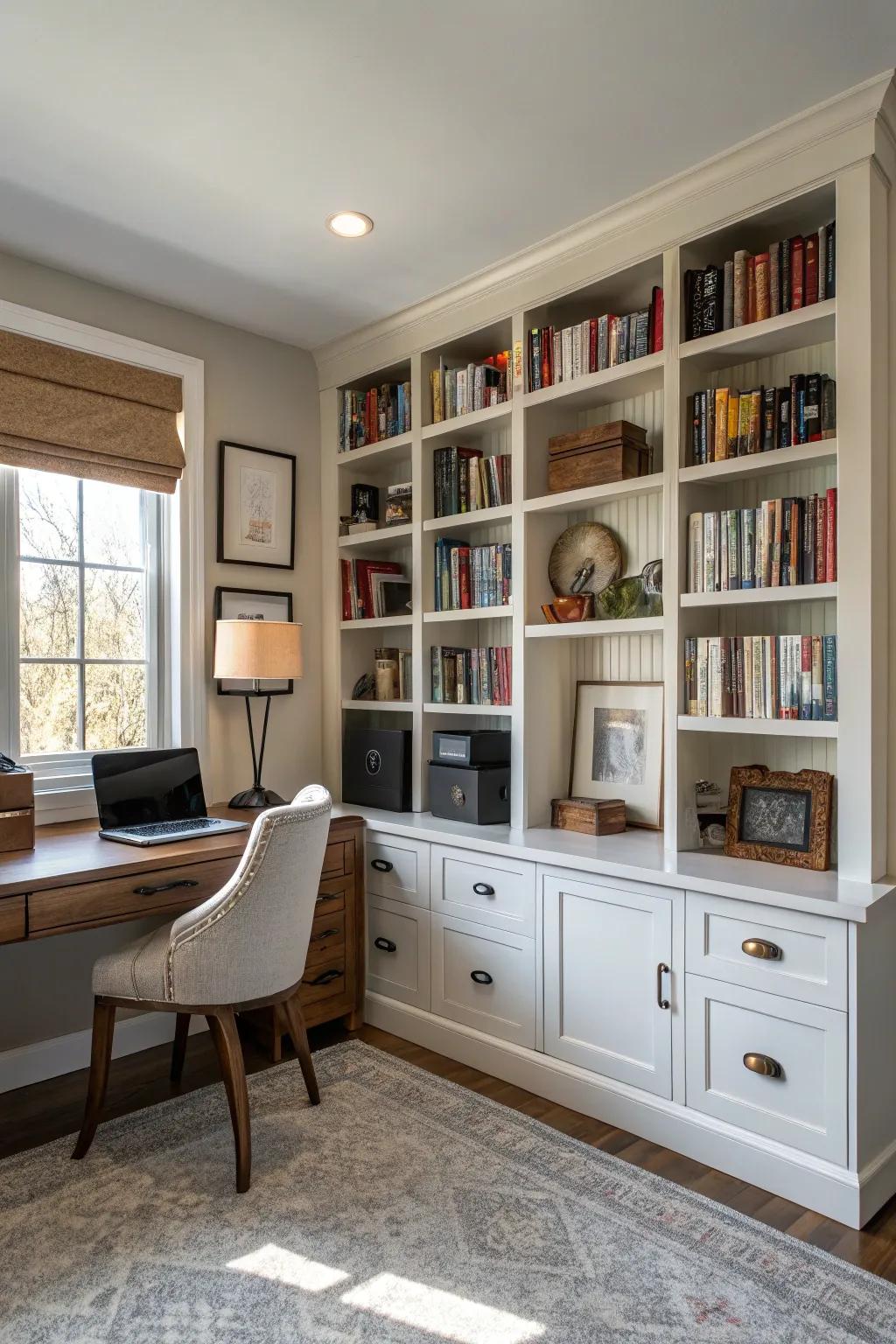 Vertical storage solutions keep your workspace organized and spacious.
