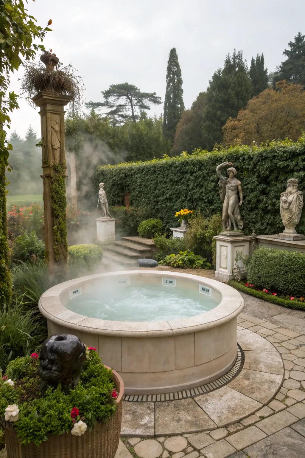 Sculptures furnish an artistic impression that elevates the hot tub setting.