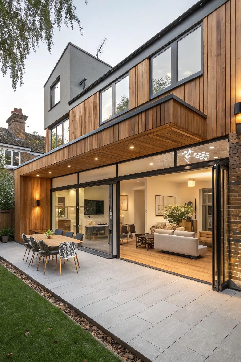 Wood accents adding warmth and character to a modern extension.