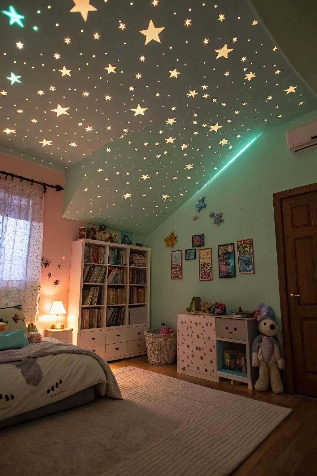 A snug children's room with light-emitting tint creating a starry night effect on the roof.