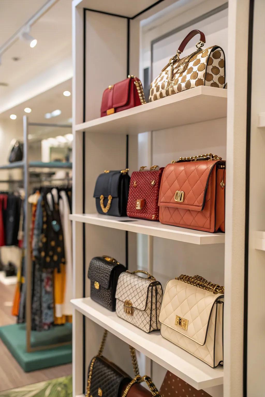 A room divider creatively used to display handbags, enhancing the room's decor.
